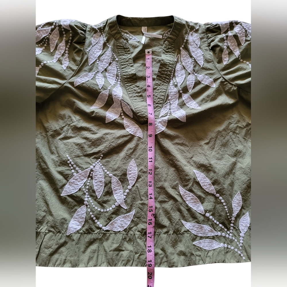 Pre-owned Anthropologie Puff-Sleeve Embroidered Blouse Top Women Sz M Green - Picture 8 of 9